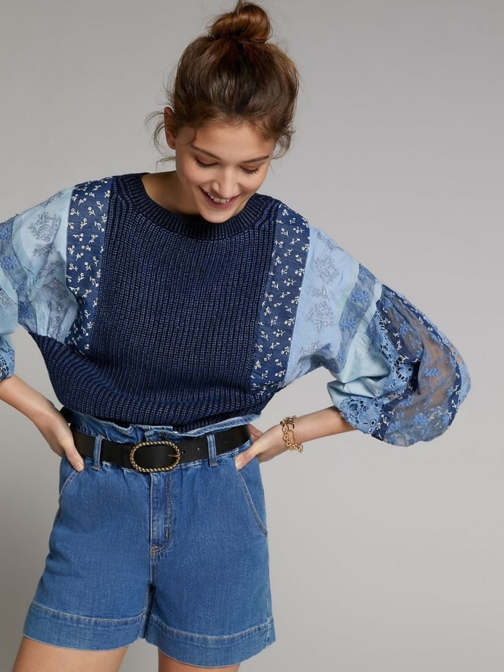 Anthropologie Pilcro Martine Peasant Sleeve Sweater Dark Blue Lace Women Medium